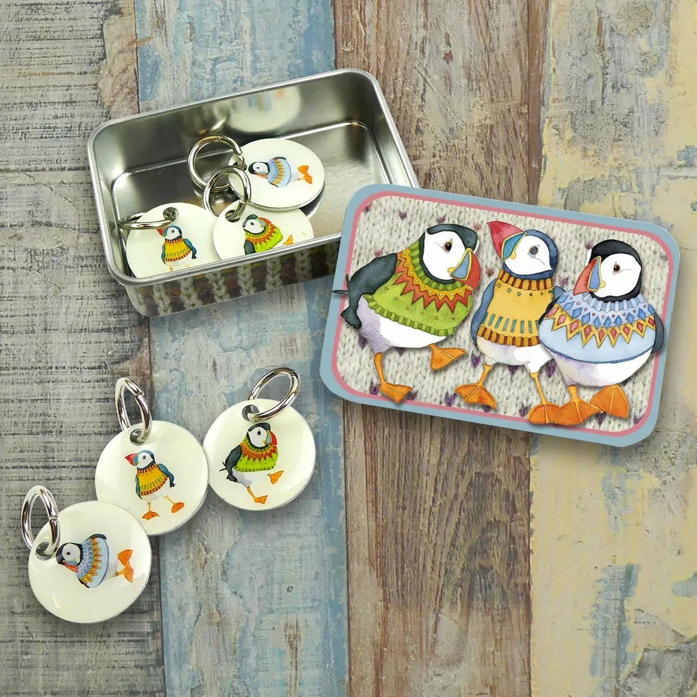 Woolly Puffin Stitch Markers In A Tin | Emma Ball - This is Knit