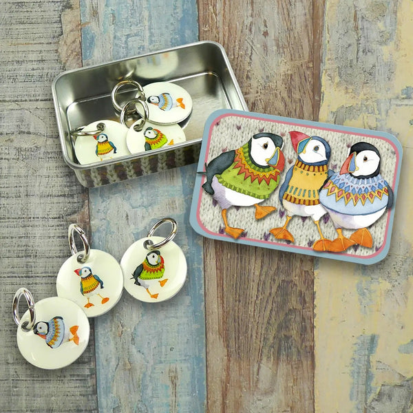 Woolly Puffin Stitch Markers In A Tin | Emma Ball - This is Knit