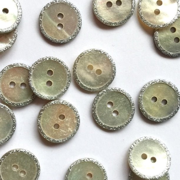 12mm Shell Button With Raised Silver Sparkly Edge | TGB4258 - This is Knit