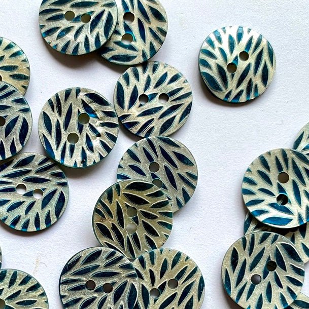 14mm Shell Button With Teal Laser Leaf Design | TGB2755 - This is Knit